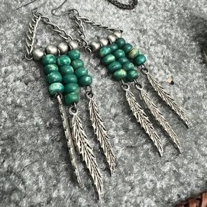 Native American Turquoise Silver Feather Bead Earring